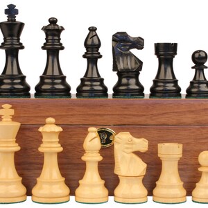 French Lardy Staunton Chess Set Ebonized & Boxwood Pieces with Walnut Chess Box - 3.75&quot; King