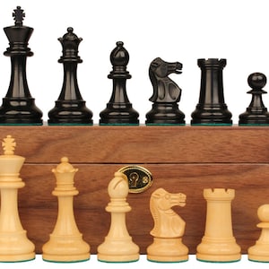 British Staunton Chess Set Ebonized & Boxwood Pieces with Walnut Chess Box - 4&quot; King