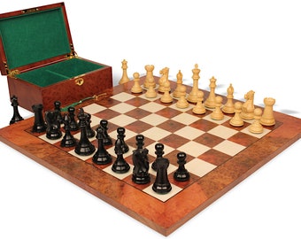 New Exclusive Staunton Chess Set - Ebony & Boxwood Pieces - Elm Burl Chess Board  Box - 4" King