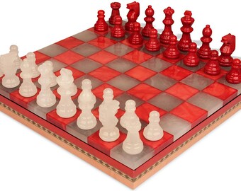 Scali Alabaster Chess Set with Storage Tray - Red & White - 15"