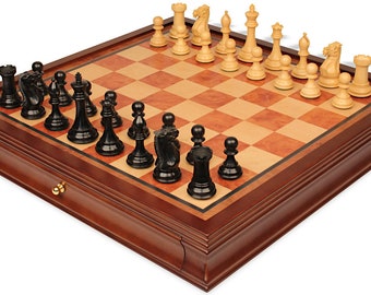 New Exclusive Staunton Chess Set - Ebonized & Boxwood Pieces - Elm Burl  Bird's-Eye Maple Two-Drawer Chess Case - 3.5" King