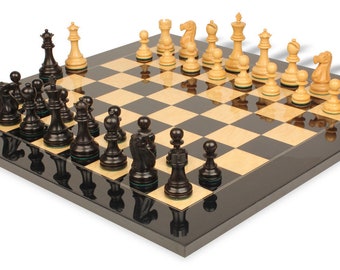 Deluxe Old Club Staunton Chess Set - Ebony & Boxwood Pieces - Black  Ash Burl Chess Board - 3.75" King