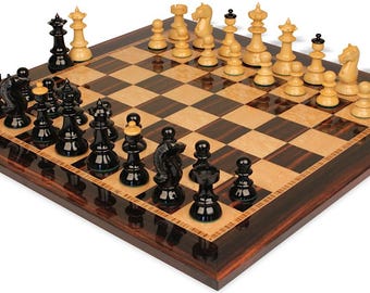 Vienna Coffee House Antique Reproduction Chess Set - Black & Boxwood Lacquered Pieces - Macassar  Bird's-Eye Maple Board - 4" King