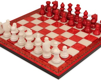 Scali Alabaster Chess Set with Deluxe Frame - Red & White - 15"