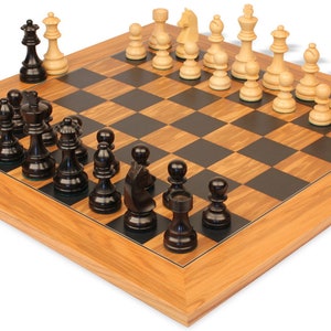 German Knight Staunton Chess Set Ebonized & Boxwood Pieces with Olive Wood  Black Deluxe Board - 3.75&quot; King