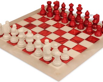 Scali Alabaster Chess Set - Red & White - 15"