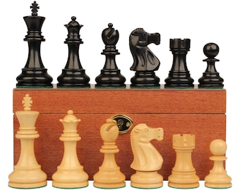 Deluxe Old Club Staunton Chess Set - Ebony & Boxwood Pieces - Mahogany Classic Chess Box - 3.75" King