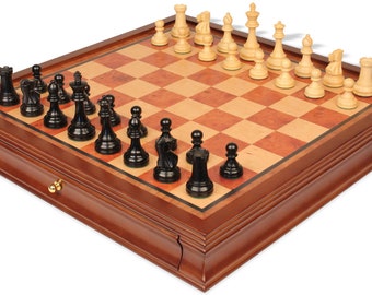 British Staunton Chess Set - Ebonized & Boxwood Pieces - Elm Burl  Bird's-Eye Maple Two-Drawer Chess Case - 3.5" King