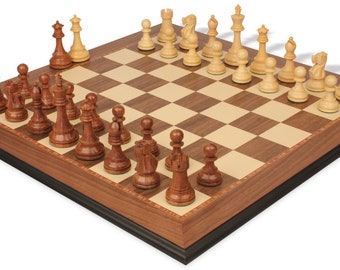 British Staunton Chess Set - Golden Rosewood & Boxwood Pieces - Walnut  Maple Molded Edge Chess Board - 3.5" King