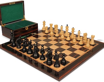 Zagreb Series Chess Set - Ebony & Boxwood Pieces - Macassar  Bird's-Eye Maple Chess Board  Box - 3.875" King