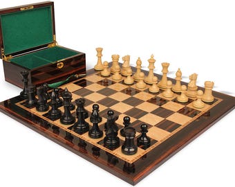 Cambridge Springs Antique Reprodruction Chess Set - Ebonized & Natural Boxwood Pieces - Macassar  Bird's-Eye Maple Chess Board  Box - 4"
