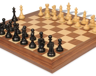 British Staunton Chess Set Ebonized & Boxwood Pieces with Walnut  Maple Deluxe Board - 4" King