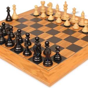 Fierce Knight Staunton Chess Set Ebonized & Boxwood Pieces with Olive Wood  Black Deluxe Board - 4&quot; King