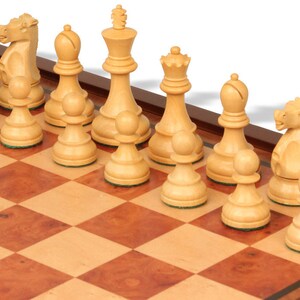 Fischer-Spassky Commemorative Chess Set - Ebonized & Boxwood Pieces - Elm Burl Bird's-Eye Maple Two-Drawer Chess Case - 3.75" King image 4