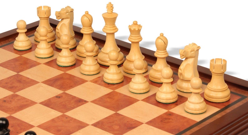 Fischer-Spassky Commemorative Chess Set - Ebonized & Boxwood Pieces - Elm Burl Bird's-Eye Maple Two-Drawer Chess Case - 3.75" King image 4