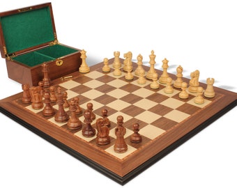 Deluxe Old Club Staunton Chess Set - Golden Rosewood & Boxwood Pieces - Walnut Molded Edge Chess Board  Box - 3.75" King