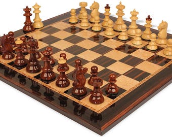 Vienna Coffee House Antique Reproduction Chess Set - Golden Rosewood & Boxwood Lacquered Pieces - Macassar  Bird's-Eye Maple Board - 4" King