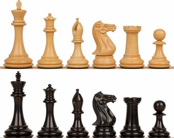 New Exclusive Staunton Chess Set - Ebonized & Boxwood Pieces - 4" King