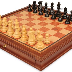 Fischer-Spassky Commemorative Chess Set - Ebonized & Boxwood Pieces - Elm Burl Bird's-Eye Maple Two-Drawer Chess Case - 3.75" King image 5