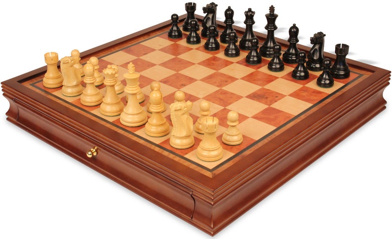 Fischer-Spassky Commemorative Chess Set - Ebonized & Boxwood Pieces - Elm Burl Bird's-Eye Maple Two-Drawer Chess Case - 3.75" King image 5