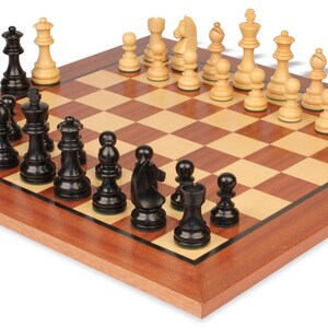 German Knight Staunton Chess Set Ebonized & Boxwood Pieces with Classic Mahogany Board - 2.75&quot; King