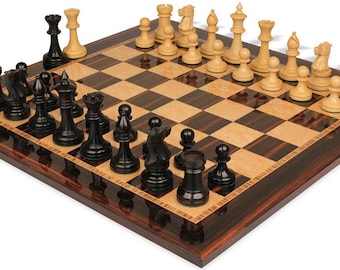 Cambridge Springs Antique Reprodruction Chess Set - Ebonized & Natural Boxwood Pieces - Macassar  Bird's-Eye Maple Chess Board - 4" King