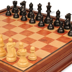 Fischer-Spassky Commemorative Chess Set - Ebonized & Boxwood Pieces - Elm Burl Bird's-Eye Maple Two-Drawer Chess Case - 3.75" King image 7