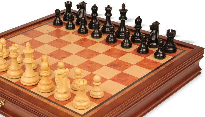 Fischer-Spassky Commemorative Chess Set - Ebonized & Boxwood Pieces - Elm Burl Bird's-Eye Maple Two-Drawer Chess Case - 3.75" King image 7