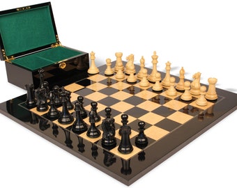 New Exclusive Staunton Chess Set - Ebonized & Boxwood Pieces - Black  Ash Burl Chess Board  Box - 3.5" King