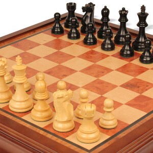 Fischer-Spassky Commemorative Chess Set - Ebonized & Boxwood Pieces - Elm Burl Bird's-Eye Maple Two-Drawer Chess Case - 3.75" King image 6