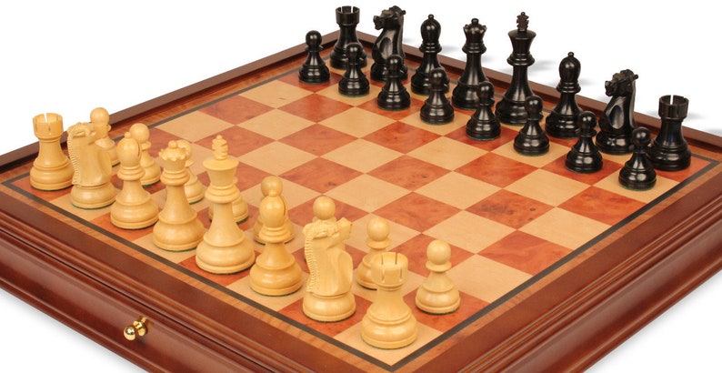 Fischer-Spassky Commemorative Chess Set - Ebonized & Boxwood Pieces - Elm Burl Bird's-Eye Maple Two-Drawer Chess Case - 3.75" King image 6