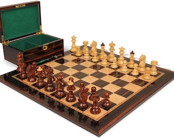 Vienna Coffee House Antique Reproduction Chess Set - Golden Rosewood & Boxwood Lacquered Pieces - Macassar  Bird's-Eye Maple Board  Box - 4"