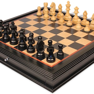 German Knight Staunton Chess Set Ebonized & Boxwood Pieces with Black  Bird&#39;s-Eye Maple Chess Case - 3.75&quot; King