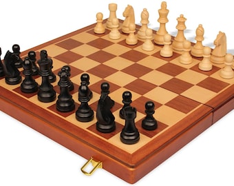 Tournament Standard Staunton Chess Set - Black & Natural Pieces - Folding Mahogany Case - 3.75" King