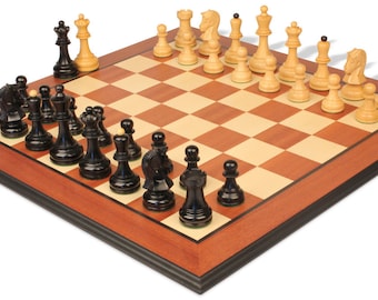 Dubrovnik Series Chess Set - Ebonized & Boxwood Pieces - Mahogany Molded Edge Chess Board - 3.9" King