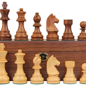 German Knight Staunton Golden Rosewood & Boxwood Pieces with Walnut Chess Box - 3.75&quot; King