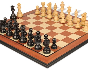 French Lardy Staunton Chess Set - Ebonized & Boxwood Pieces - Mahogany Molded Edge Chess Board - 3.75" King