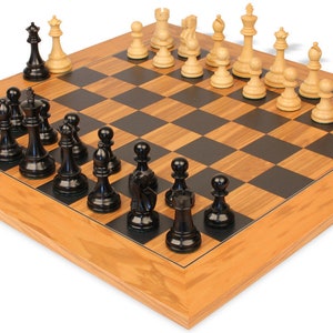 British Staunton Chess Set Ebonized & Boxwood Pieces with Olive Wood  Black Deluxe Board - 4&quot; King