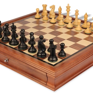 New Exclusive Staunton Chess Set - Ebonized & Boxwood Pieces - Walnut Two-Drawer Chess Case - 3.5" King
