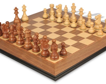 French Lardy Staunton Chess Set - Golden Rosewood & Boxwood Pieces - Walnut Molded Edge Chess Board - 2.75" King