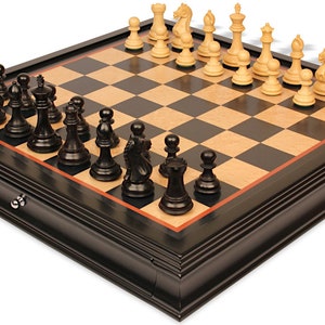 Fierce Knight Staunton Chess Set Ebonized & Boxwood Pieces with Black  Bird&#39;s-Eye Maple Chess Case - 3&quot; King