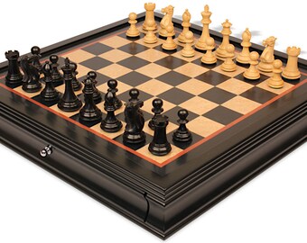 New Exclusive Staunton Chess Set - Ebonized & Boxwood Pieces - Black  Bird's-Eye Maple Two-Drawer Chess Case - 3" King