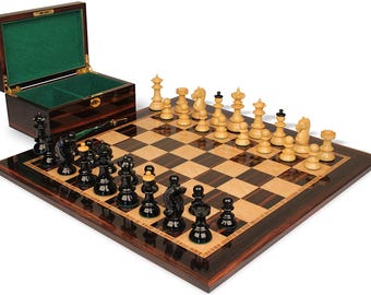 Vienna Coffee House Antique Reproduction Chess Set - Black & Boxwood Lacquered Pieces - Macassar  Bird's-Eye Maple Board  Box - 4" King