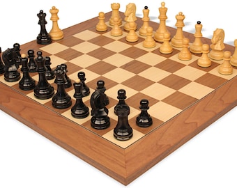 Dubrovnik Series Chess Set - Ebonized & Boxwood Pieces - Walnut Deluxe Chess Board - 3.9" King