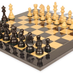 German Knight Staunton Chess Set Ebonized & Boxwood Pieces with Black  Ash Burl Chess Board - 3.75&quot; King