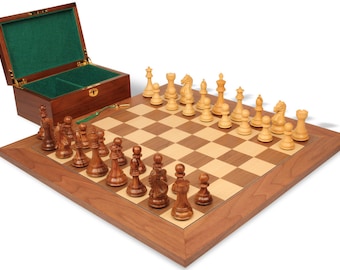 Fierce Knight Staunton Chess Set - Golden Rosewood & Boxwood Pieces - Walnut Deluxe Chess Board  Box - 4" King