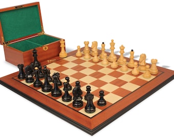Dubrovnik Series Chess Set - Ebonized & Boxwood Pieces - Mahogany Molded Edge Chess Board  Box - 3.9" King