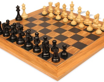Deluxe Old Club Series Chess Set - Ebony & Boxwood Pieces - Olive Wood  Black Deluxe Chess Board - 3.75" King