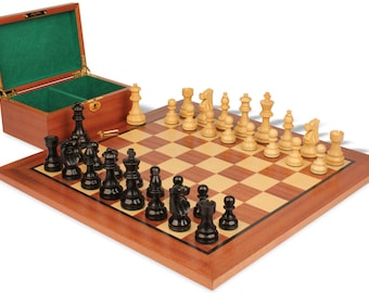 French Lardy Staunton Chess Set - Ebonized & Boxwood Pieces - Mahogany Classic Chess Board  Box - 3.25" King