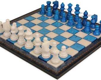 Scali Alabaster Chess Set with Deluxe Frame - Blue & White - 15"